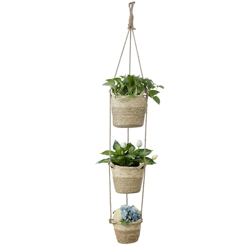 Navaris Seegras Korb Übertopf Set - 3 Größen (S/M/L) mit Jute Seil zum Aufhängen - Blumentopf Boho Stil - Blumenübertopf geflochten - Korb Pflanzentopf - Blumentopf Korb von Navaris