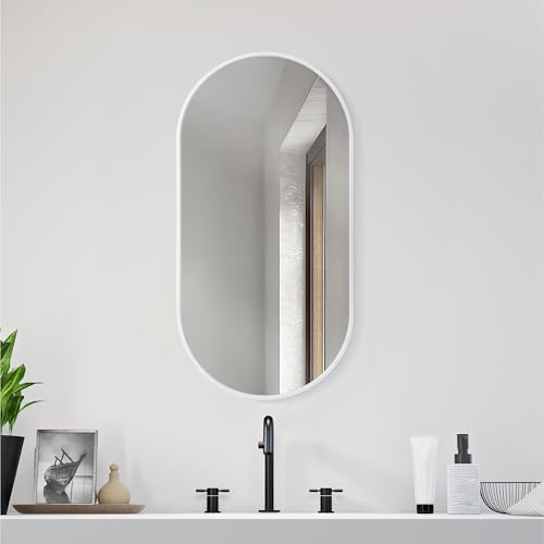 Navaris Spiegel oval groß mit Rahmen - Deko Spiegel 75x38x3cm zum Aufhängen - Wandspiegel oval - Badezimmerspiegel Flur WC - abgerundete Ecken oben - Weiß ovaler Spiegel von Navaris