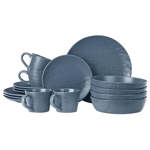 Navaris Steingut Geschirr Set 4 Personen (16 Teile) - Teller Set Geschirrset Geschirr - Tafelservice mit Suppenteller Tellerset - Kombiservice - Tafelservice 4 Personen - Smokey Blue von Navaris