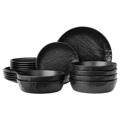 Navaris Steingut Geschirr Set 6 Personen (18 Teile) - Teller Set Geschirrset Geschirr - Tafelservice mit Suppenteller Tellerset - Kombiservice - Tafelservice 6 Personen - Anthrazit von Navaris
