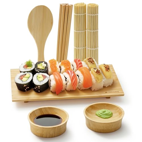 Navaris Sushi Maker Set für Einsteiger - Sushi Set zum selber machen - Authentischer Sushi-Genuss zu Hause - 16-teiliges Sushi Geschirr - Bambus von Navaris