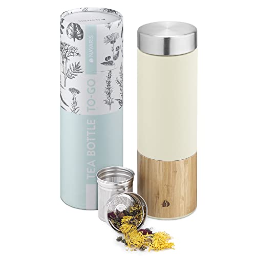 Navaris Teeflasche aus Edelstahl und Bambus - 500 ml Tee Flasche Teekanne to Go mit Sieb - auslaufsichere Trinkflasche Teebecher - Weiß von Navaris