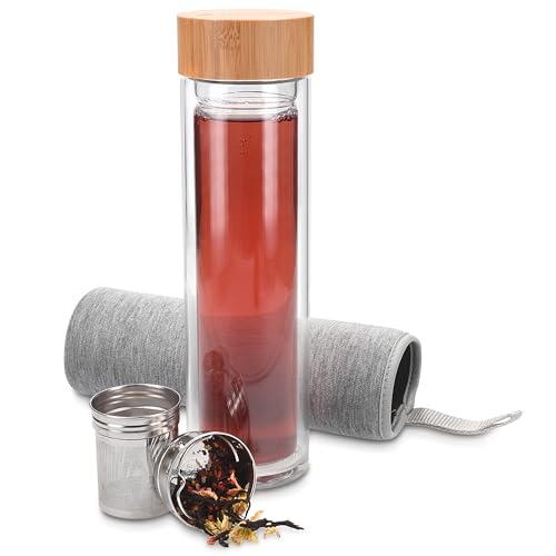 Navaris Teeflasche aus Glas mit Edelstahl Sieb - 500ml Tee Flasche Teekanne to go - Trinkflasche doppelwandig aus Borosilikatglas mit Hülle in Grau von Navaris