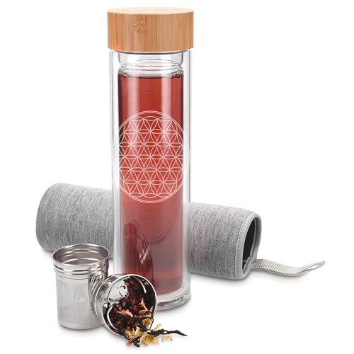 Navaris Teeflasche aus Glas mit Sieb - 450ml Tee Flasche Teekanne to go - Trinkflasche Flower of Life - doppelwandig aus Borosilikatglas mit Hülle von Navaris