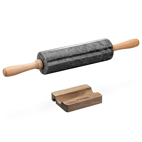 Navaris Teigrolle und Ablage - Marmor Stein Nudelrolle mit Holzgriffen - Set aus Nudelholz und Handy Halterung - Ständer für Fondantrollen - schwarz Navaris Teigrolle und Ablage - Marmor Stein Nudelrolle mit Holzgriffen - Set aus Nudelholz und Handy Halterung - Ständer für Fondantrollen - schwarz von Navaris