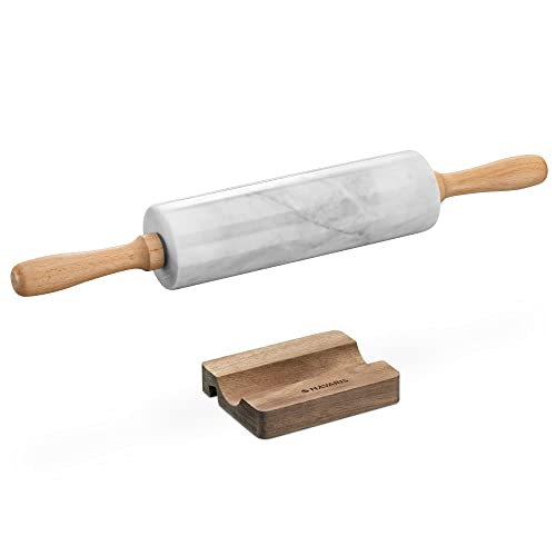 Navaris Teigrolle und Ablage - Marmor Stein Nudelrolle mit Holzgriffen - Set aus Nudelholz und Handy Halterung - Ständer für Fondantrollen - weiß Navaris Teigrolle und Ablage - Marmor Stein Nudelrolle mit Holzgriffen - Set aus Nudelholz und Handy Halterung - Ständer für Fondantrollen - weiß von Navaris