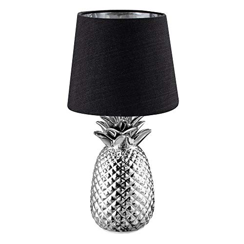 Navaris Tischlampe im Ananas Design - 35cm hoch - Deko Keramik Lampe für Nachttisch oder Beistelltisch - Dekolampe mit E14 Gewinde in Silber-Schwarz von Navaris