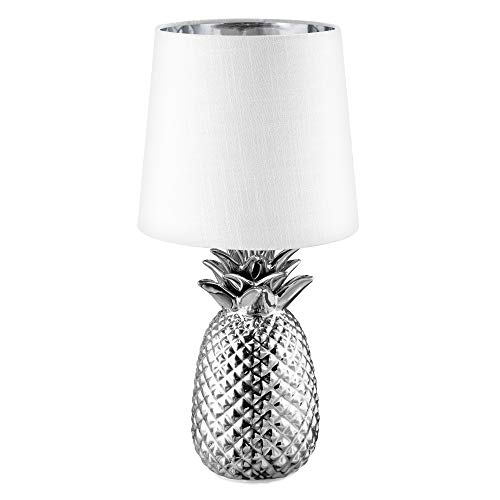 Navaris Tischlampe im Ananas Design - 35cm hoch - Deko Keramik Lampe für Nachttisch oder Beistelltisch - Dekolampe mit E14 Gewinde in Silber-Weiß von Navaris
