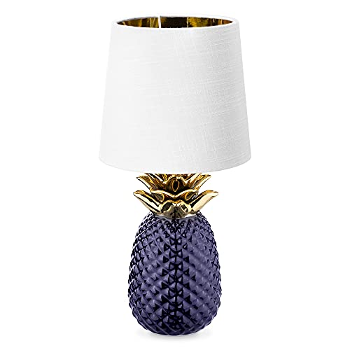 Navaris Tischlampe im Ananas Design - 35cm hoch - Deko Keramik Lampe für Nachttisch oder Beistelltisch - Dekolampe mit E14 Gewinde in Violett-Weiß von Navaris