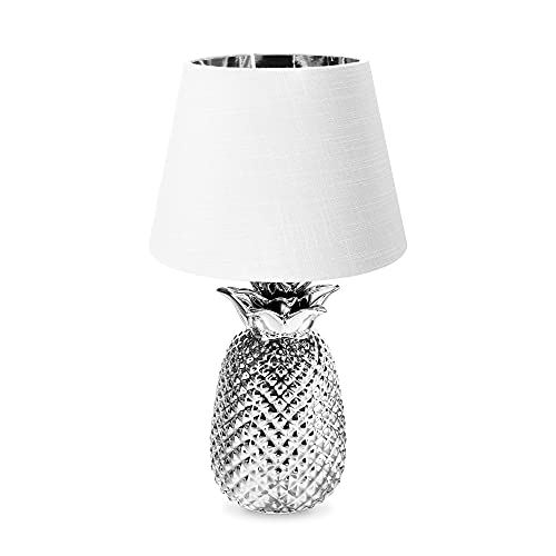 Navaris Tischlampe im Ananas Design - 40cm hoch - Deko Keramik Lampe für Nachttisch oder Beistelltisch - Dekolampe mit E27 Gewinde in Silber-Weiß von Navaris