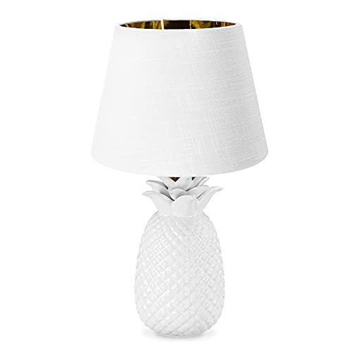 Navaris Tischlampe im Ananas Design - 40cm hoch - Deko Keramik Lampe für Nachttisch oder Beistelltisch - Dekolampe mit E27 Gewinde in Weiß-Weiß von Navaris