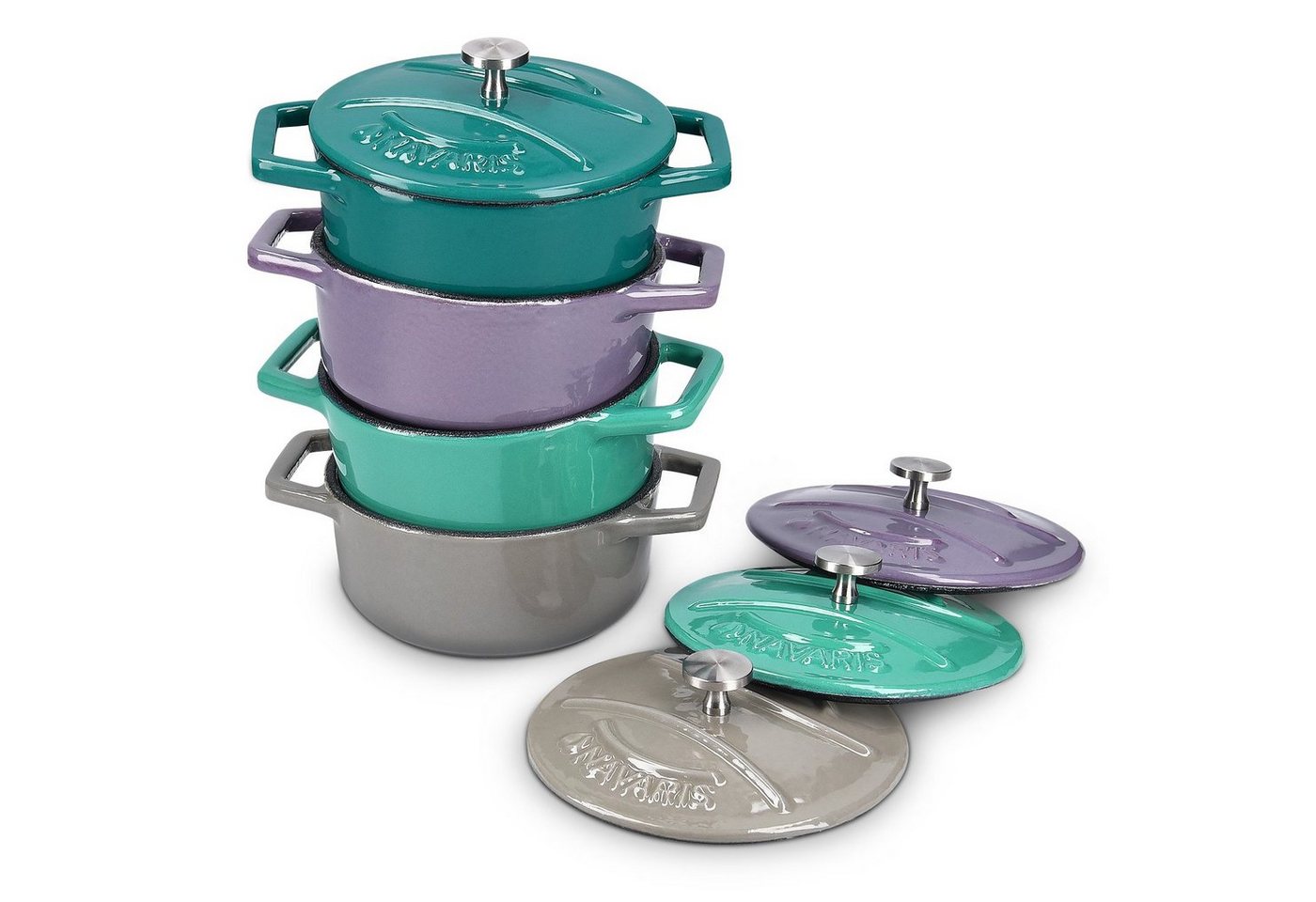 Navaris Topf-Set Mini Cocotte Set - 4x Gusseisen Mini Topf Grün Lila kleine Auflaufform, (4-tlg) von Navaris