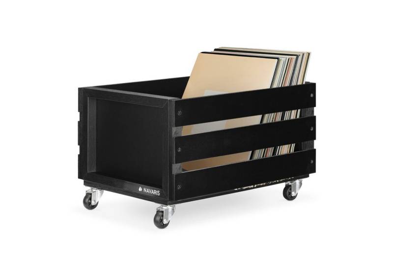 Navaris Transportbehälter Holz Schallplatten Kiste mit Kreidetafel mit Rädern 42,9x34,4x28 cm, (1-St) von Navaris