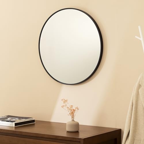 Navaris Wandspiegel rund mit Rahmen - Deko Spiegel Ø 60cm zum Aufhängen - Badezimmerspiegel Flur WC - abgerundete Ecken Oben - Schwarz von Navaris
