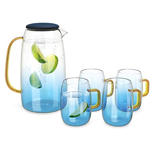 Navaris Wasserkaraffe 1,55 l mit Vier Gläsern - Karaffe aus Glas mit Silikondeckel für kalte und heiße Getränke - Glaskrug Set inkl. Vier Gläser von Navaris