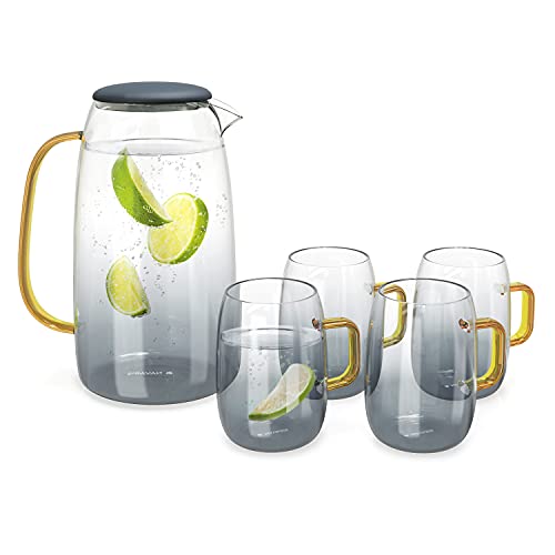 Navaris Wasserkaraffe 1,55 l mit Vier Gläsern - Karaffe aus Glas mit Silikondeckel für kalte und heiße Getränke - Glaskrug Set inkl. Vier Gläser von Navaris