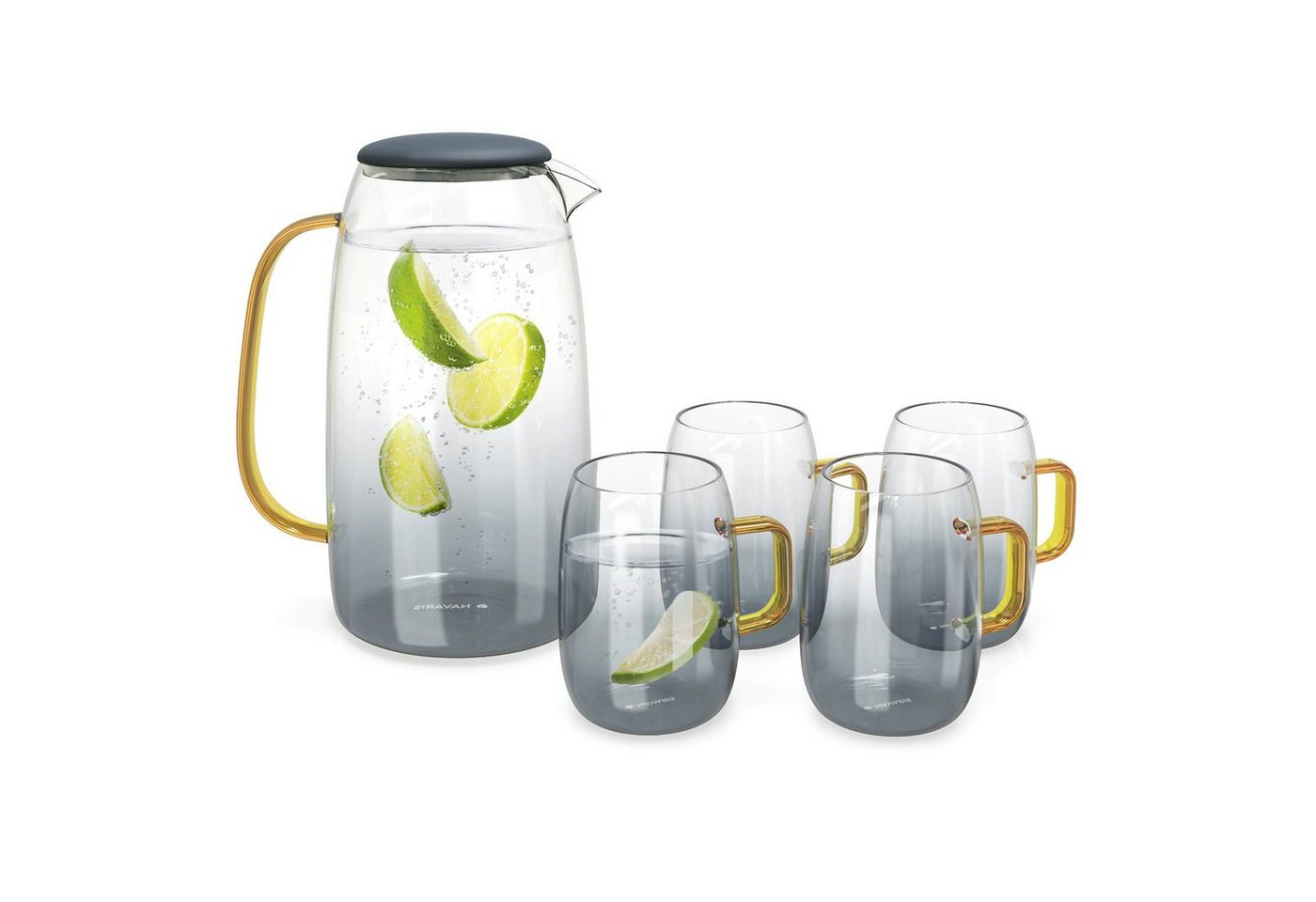 Navaris Wasserkaraffe Karaffe aus Glas 1,55l mit 4 Gläsern - Silikondeckel für Getränke von Navaris