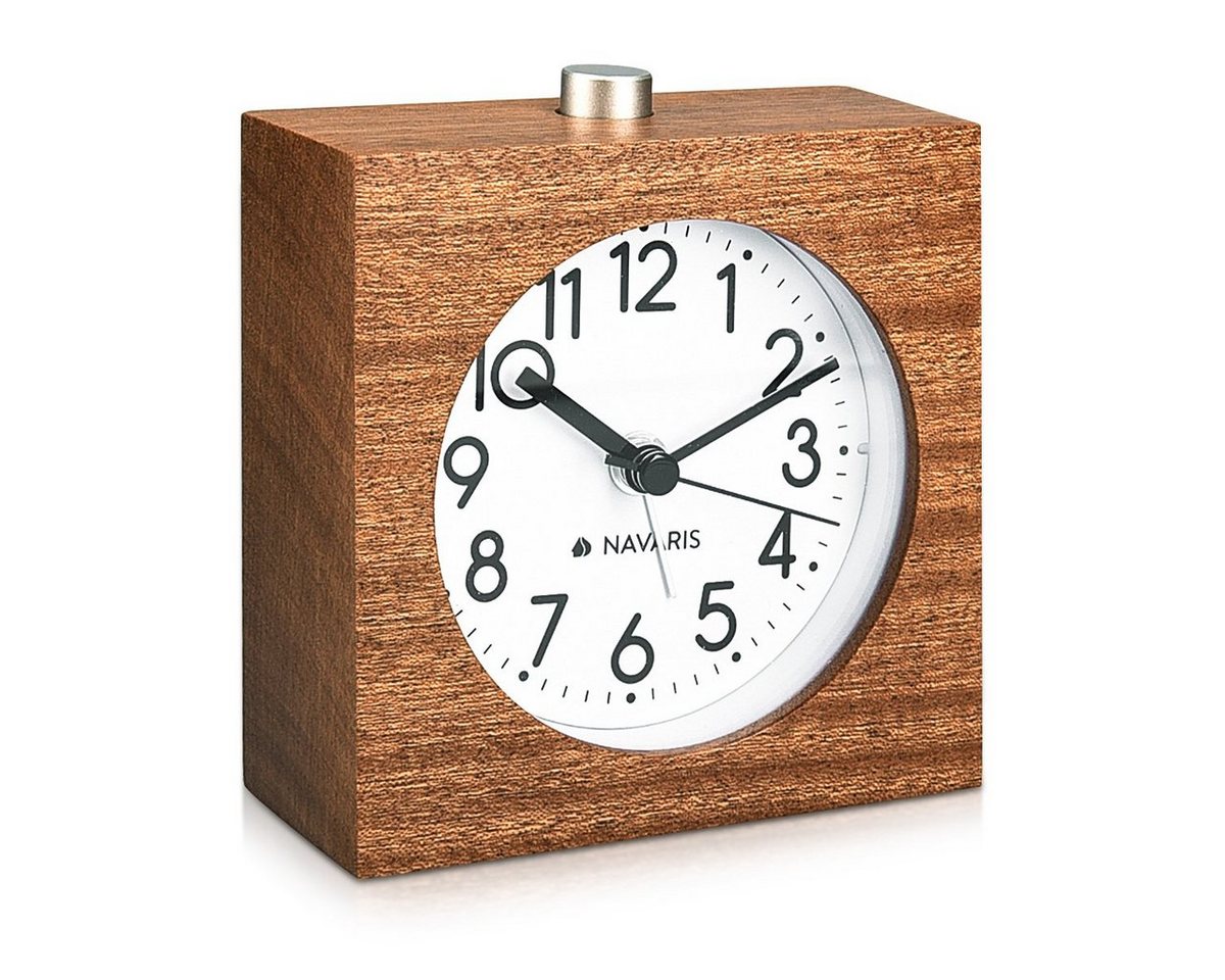 Navaris Wecker Analog Holz Wecker mit Snooze - Retro Uhr im Viereck Design mit Ziffernblatt Alarm - Leise Tischuhr ohne Ticken - Naturholz von Navaris