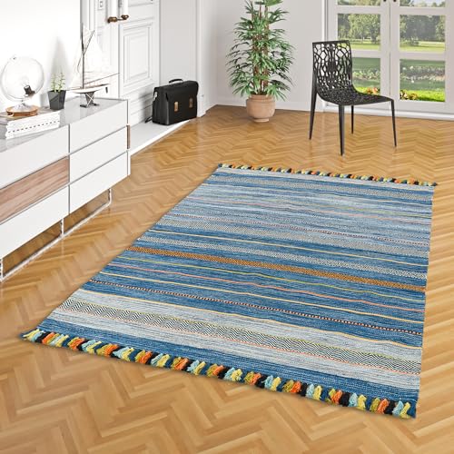 Natur Teppich Bauwolle Kelim Kalleen Blau in 6 Größen von Navarro