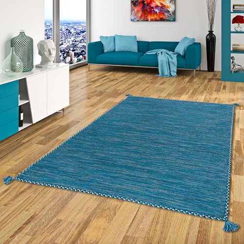 Natur Teppich Bauwolle Kelim Prico Blau Petrol in 8 Größen von Navarro