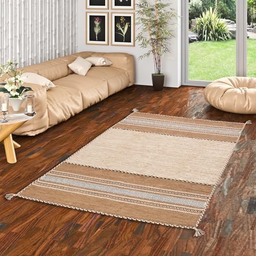 Navarro Natur Teppich Bauwolle Kelim Beige Braun in 6 Größen von Navarro