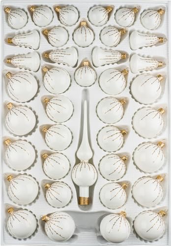 Navidacio 39 TLG. Glas-Weihnachtskugeln Set in Hochglanz Weiss Gold Regen - Edle Neuheit - Christbaumkugeln - Weihnachtsschmuck - Christbaumschmuck von Navidacio