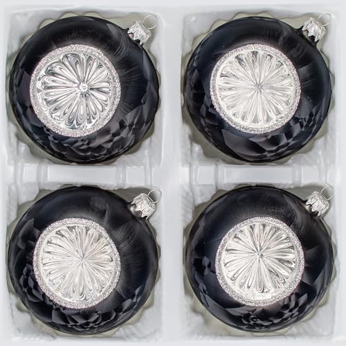 Navidacio 4 TLG. Glas-Weihnachtskugeln Set 10cm Ø in 'Vintage Ice Schwarz Silber' Christbaumkugeln -Reflektorkugeln -Christbaumschmuck 10cm Durchmesser Reflexkugeln von Navidacio