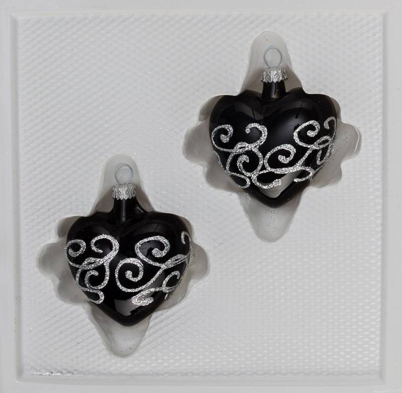 Navidacio Christbaumschmuck 2 tlg. Glas-Herzen Set in Hochglanz-Schwarz-Silberne-Ornamente von Navidacio