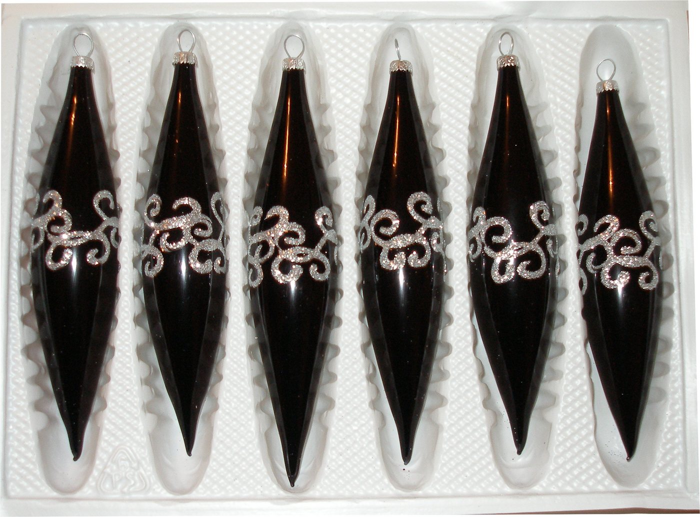 Navidacio Christbaumschmuck 6 tlg. Glas-Zapfen Set Hochglanz-Schwarz-Silberne-Ornamente-Gothic"" von Navidacio