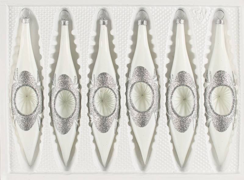 Navidacio Christbaumschmuck 6 tlg. Glas-Zapfen Set "Hochglanz Vintage Classic Weiss" von Navidacio
