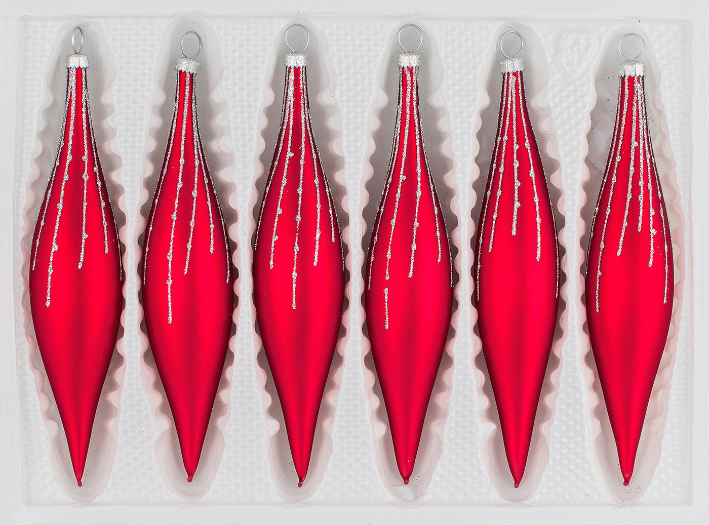 Navidacio Christbaumschmuck 6 tlg. Glas-Zapfen Set in Classic Rot Silber Regen von Navidacio