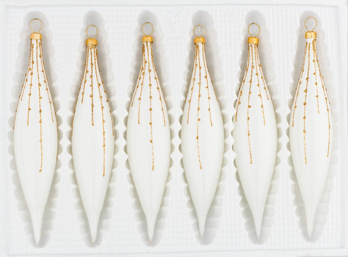 Navidacio Christbaumschmuck 6 tlg. Glas-Zapfen Set in Hochglanz Weiss Gold Regen von Navidacio