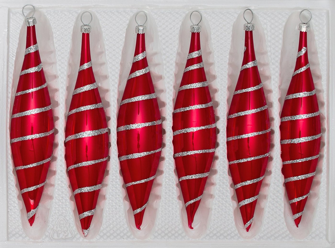 Navidacio Christbaumschmuck 6 tlg. Glas-Zapfen Set in Hochglanz Rot Candy Silberne-Spiralen von Navidacio