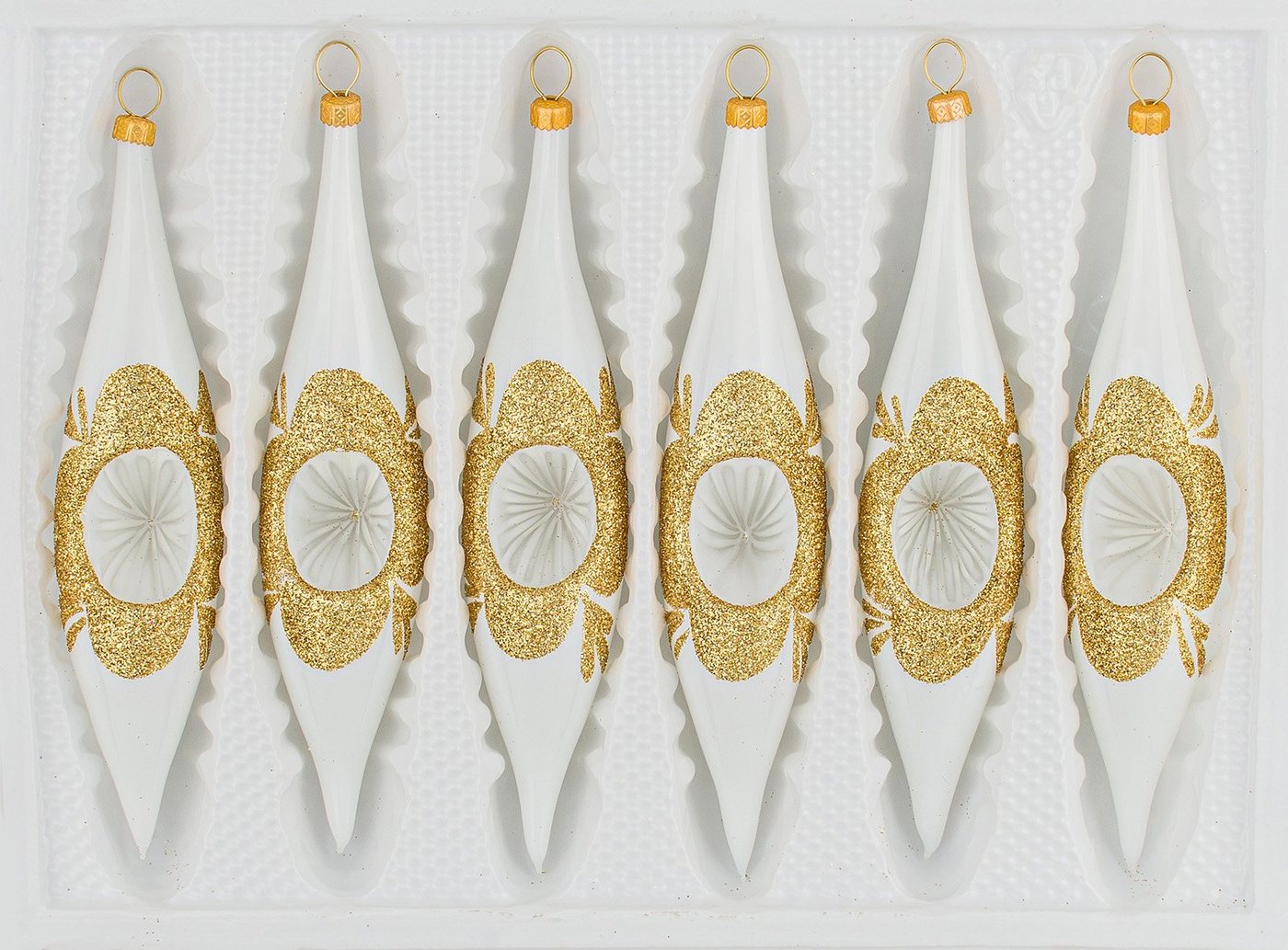 Navidacio Christbaumschmuck 6 tlg. Glas-Zapfen Set in "Hochglanz "Vintage Classic Weiss Gold" von Navidacio