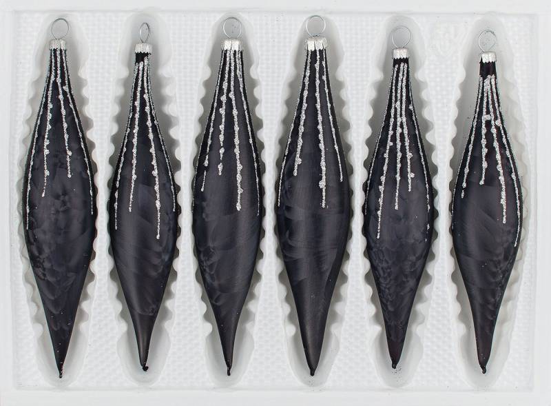 Navidacio Christbaumschmuck 6 tlg. Glas-Zapfen Set in "Ice Schwarz Silber" Regen von Navidacio