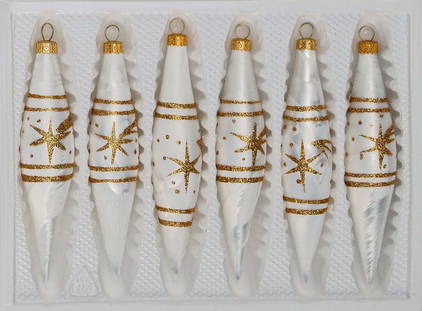 Navidacio Christbaumschmuck 6 tlg. Glas-Zapfen Set inIce Weiss Gold" Komet" von Navidacio