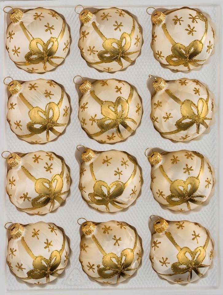 Navidacio Weihnachtsbaumkugel 12 tlg. Glas-Weihnachtskugeln Set "Ice Champagner Goldene Schleife" von Navidacio