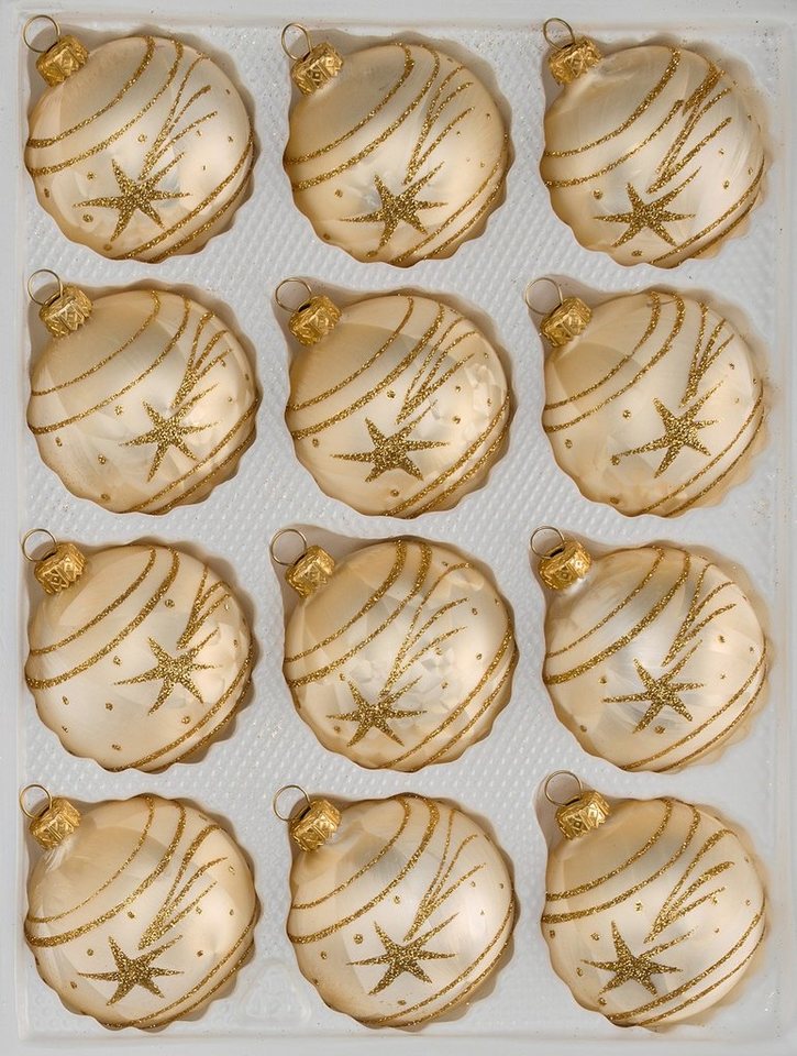 Navidacio Weihnachtsbaumkugel 12 tlg. Glas-Weihnachtskugeln Set in Ice Champagner Gold Komet von Navidacio