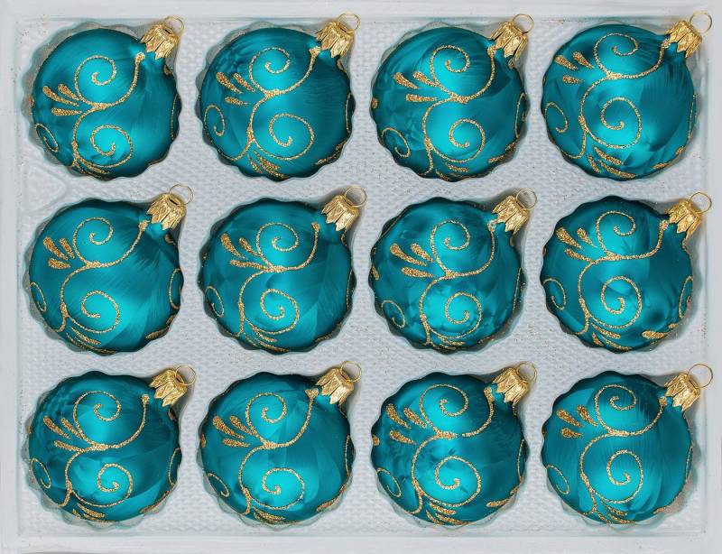 Navidacio Weihnachtsbaumkugel 12tlg. Glas-Weihnachtskugel Set "Ice Petrol-Türkis Goldene Ornamente" von Navidacio