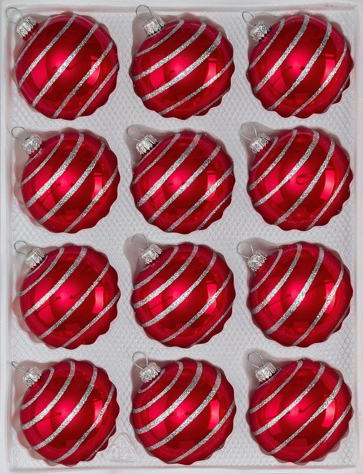 Navidacio Weihnachtsbaumkugel 12tlg. Glas-Weihnachtskugeln Set Hochglanz Rot Candy" Silber-Spiralen" von Navidacio