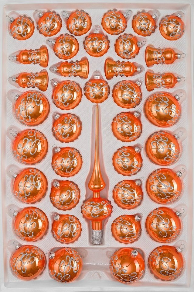 Navidacio Weihnachtsbaumkugel 39 tlg. Glas-Weihnachtskugeln Set "Hochglanz-Orange-Silber-Ornamente" von Navidacio