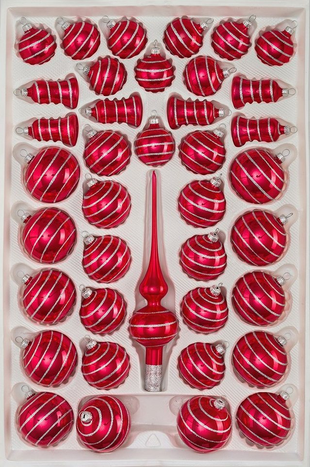 Navidacio Weihnachtsbaumkugel 39tlg. Glas-Weihnachtskugel Set Hochglanz Rot Candy Silber-Spiralen"" von Navidacio