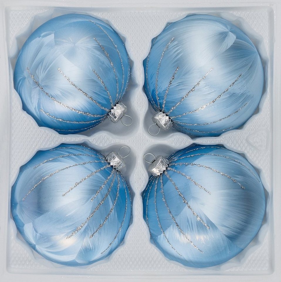 Navidacio Weihnachtsbaumkugel 4 tlg. Glas-Weihnachtskugeln Set 10cm Ø in Ice Blau Silber" Regen" von Navidacio