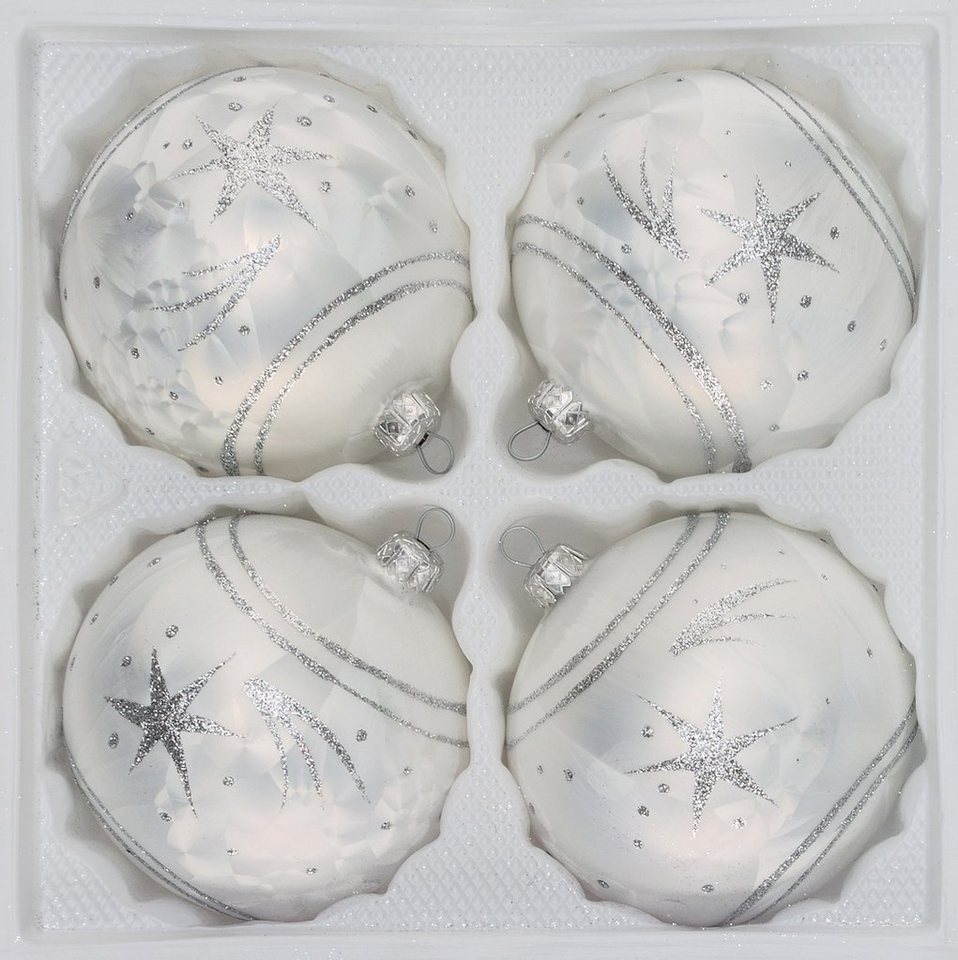 Navidacio Weihnachtsbaumkugel 4 tlg. Glas-Weihnachtskugeln Set 10cm Ø in "Ice Weiss Silber" Komet von Navidacio