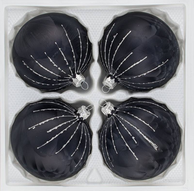 Navidacio Weihnachtsbaumkugel 4 tlg. Glas-Weihnachtskugeln Set 12cm Ø in "Ice Schwarz Silber" Regen von Navidacio