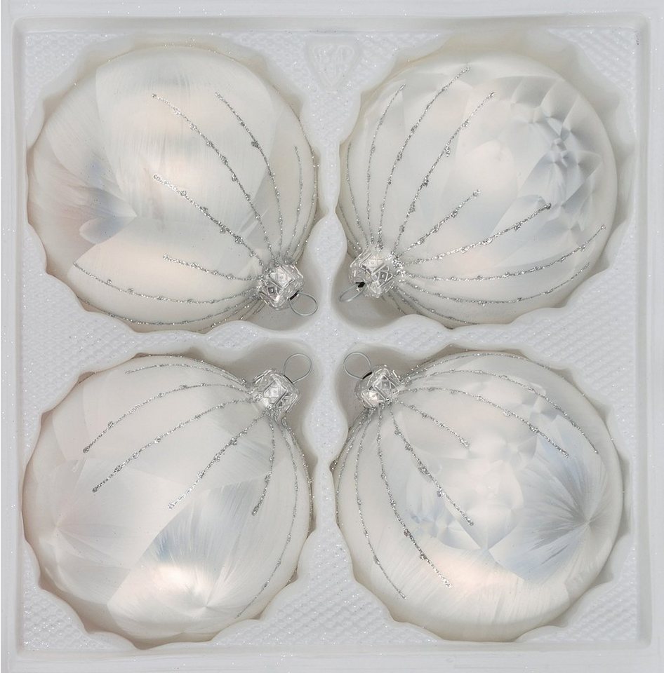 Navidacio Weihnachtsbaumkugel 4 tlg. Glas-Weihnachtskugeln Set 8cm Ø in Ice Weiss Silber Regen von Navidacio