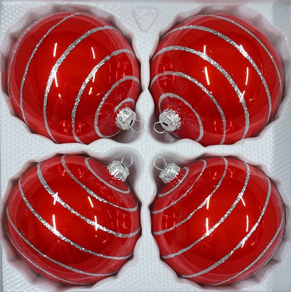Navidacio Weihnachtsbaumkugel 4tlg Glas-Weihnachtskugel Set 8cm Ø "Hochgl. Rot Candy" Silber Spirale Navidacio Weihnachtsbaumkugel 4tlg Glas-Weihnachtskugel Set 8cm Ø "Hochgl. Rot Candy" Silber Spirale von Navidacio