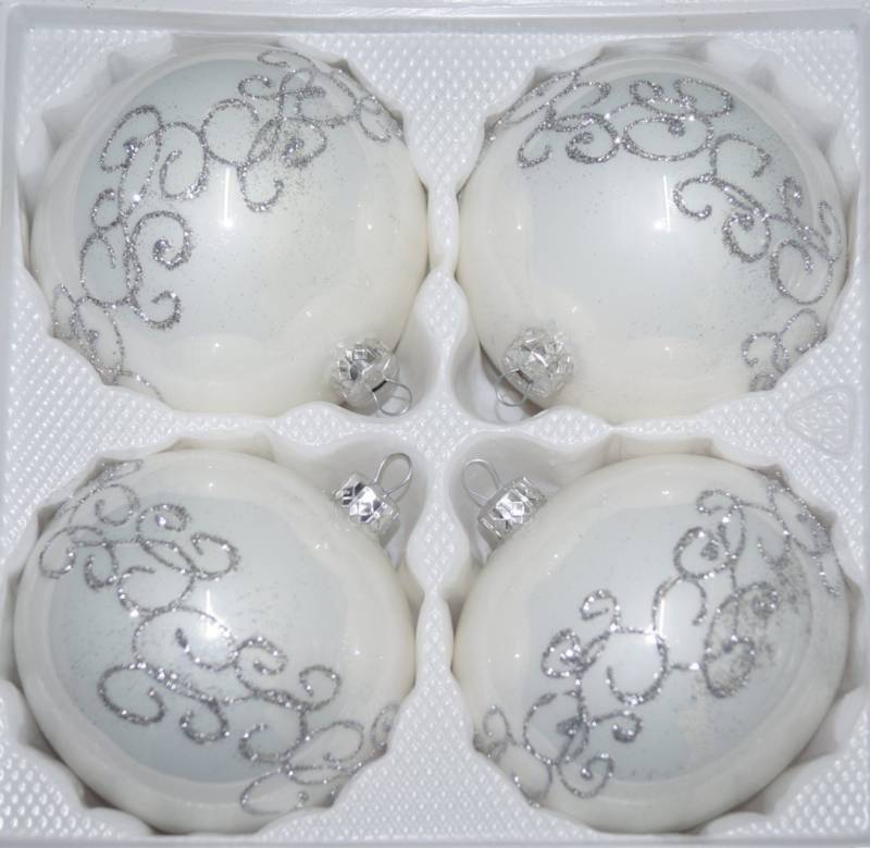 Navidacio Weihnachtsbaumkugel 4tlg Glas-Weihnachtskugel Set 8cm Ø "Hochglanz Weiss Silber Ornamente" von Navidacio