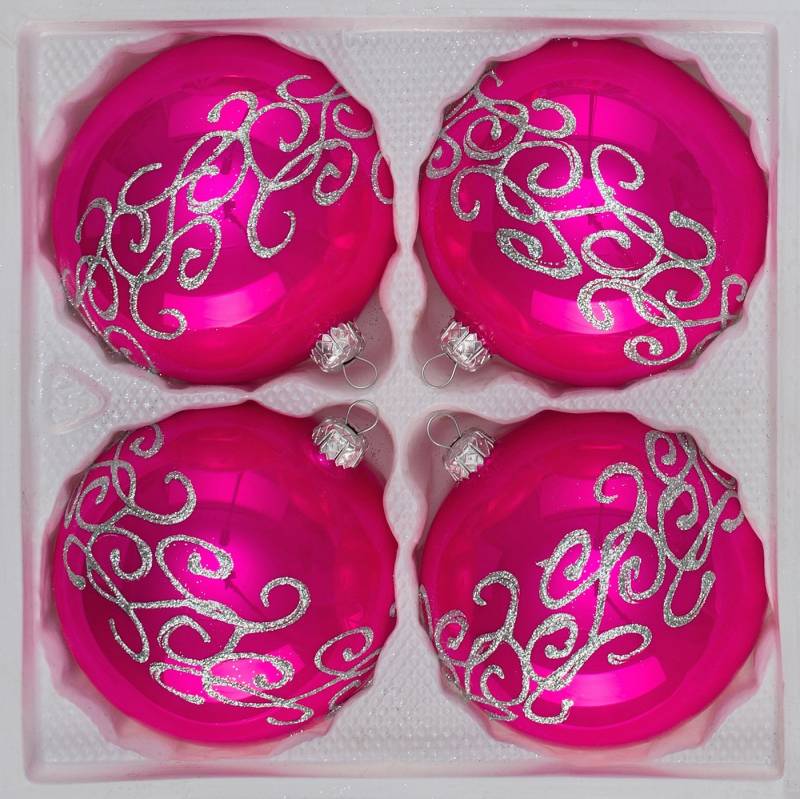 Navidacio Weihnachtsbaumkugel 4tlg. Glas-Weihnachtskugel Set 12cm Ø "Hochgl.-Pink-Silber-Ornamente" von Navidacio
