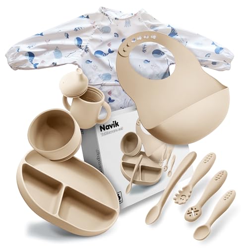 Navik | Baby teller kinderteller Geschirrset | Mit silikon teller baby saugnapf | trinkbecher kinder mit griffen | baby löffel | baby schüssel | ab 6 monate | beige von Navik